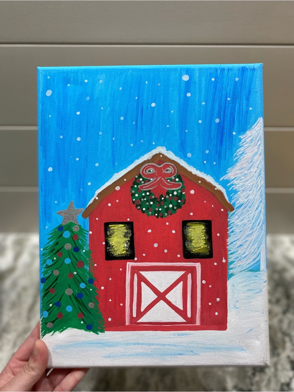 Hand Crafted Red Barn Winter Scene Canvas - Picture 2 of 4